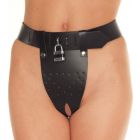 Rimba Kuisheid Slip met Twee Gaten in het Kruis en Hangslot Zwart Leer S/M